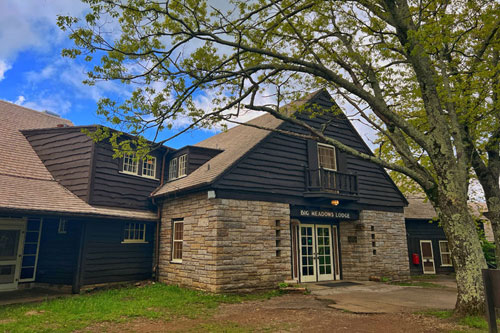 An exterior view of Big Meadows Lodge in Shenandoah National Park